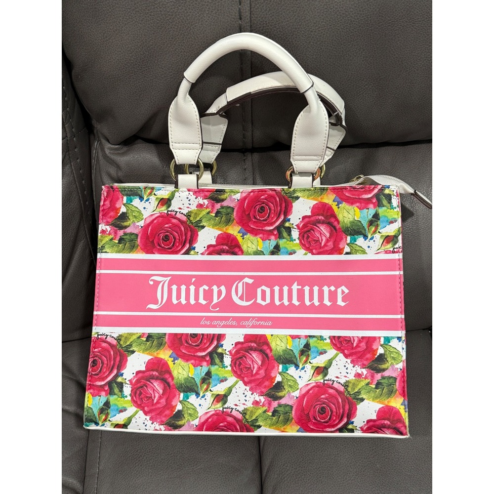 Juicy Couture Rose Print Satchel Handbag White Pink Los Angeles California